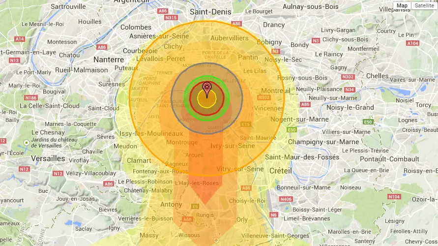 Map carte bombe nucléaire